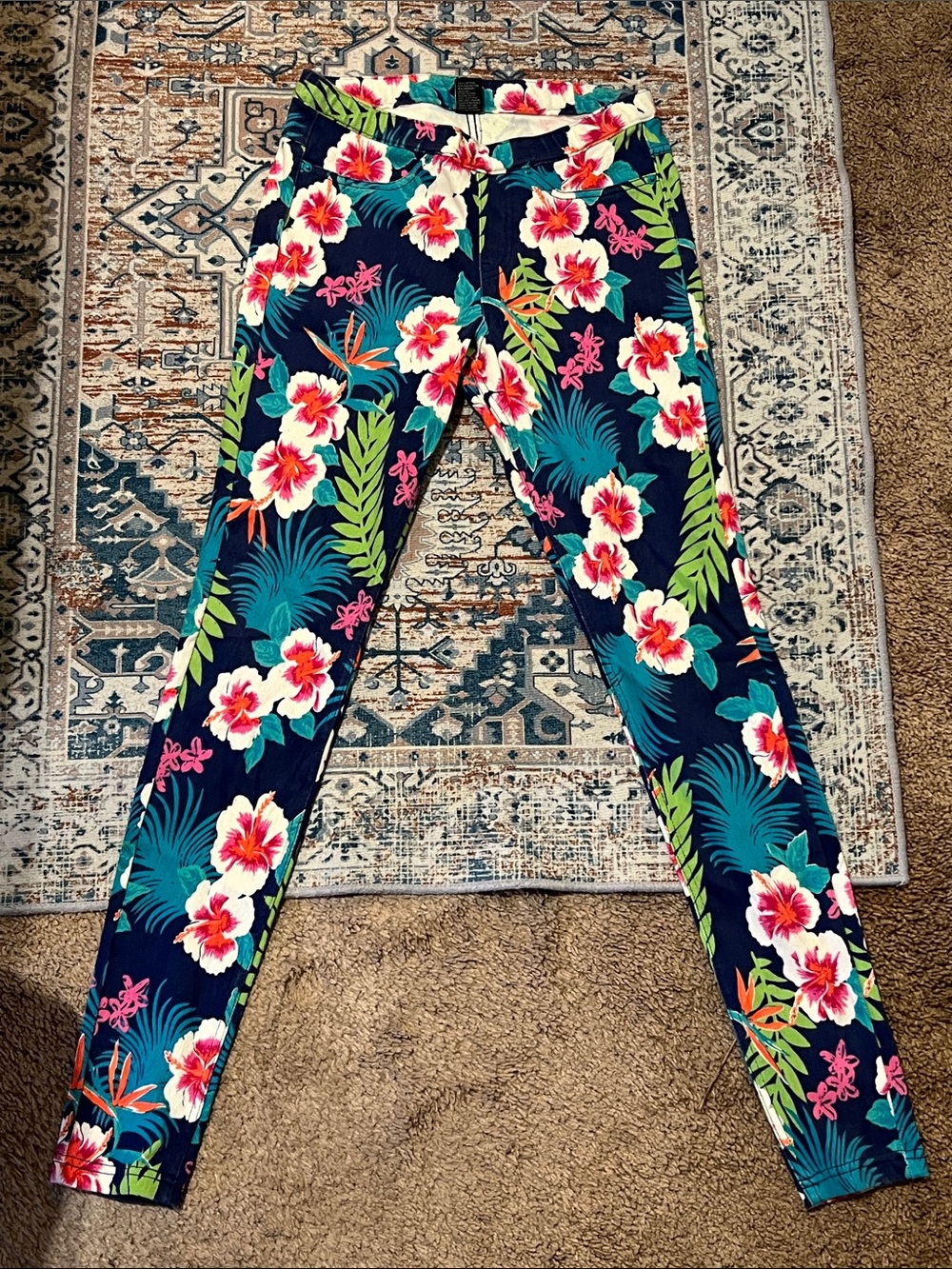 HUE Women Navy Stretchy Leggings Pants with Tropical Pink & Green Floral Print!